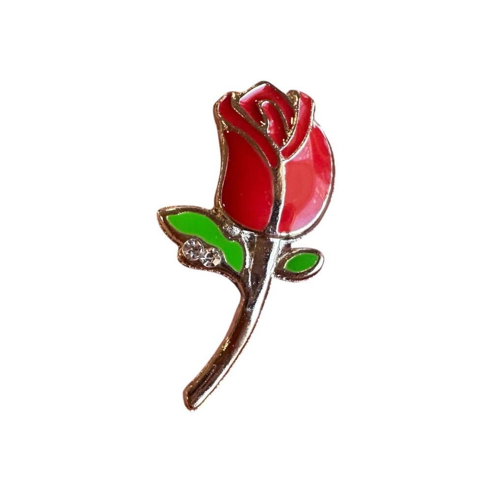 Vintage Enamel Red Rose Brooch Pin with Rhinestone Accent
